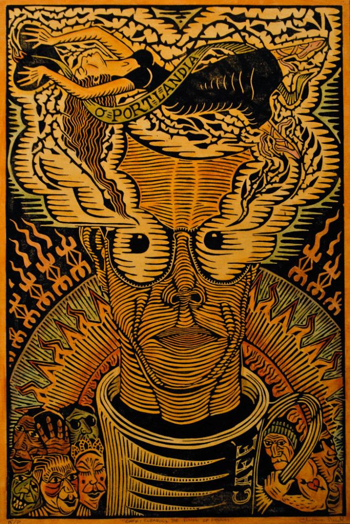 Artist - Thomas Rude, "Cafe: Clearing the Vision of Dreams" - Linocut